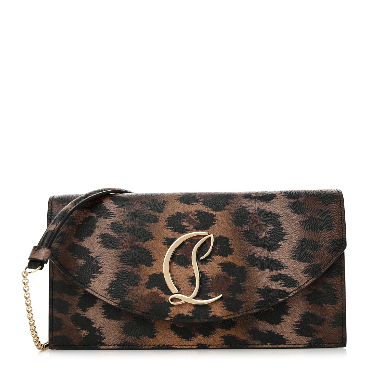 Christian Louboutin Calfskin Kitty Print Loubi54 Crossbody Clutch Brown Gold 1 of 11