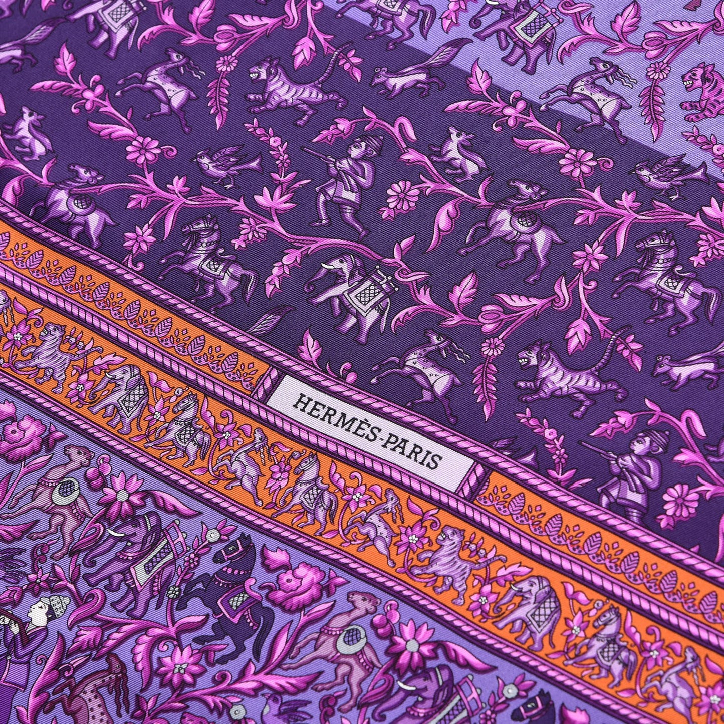 Silk Chasse En Inde Scarf 90 Violet Orange Rose Indien