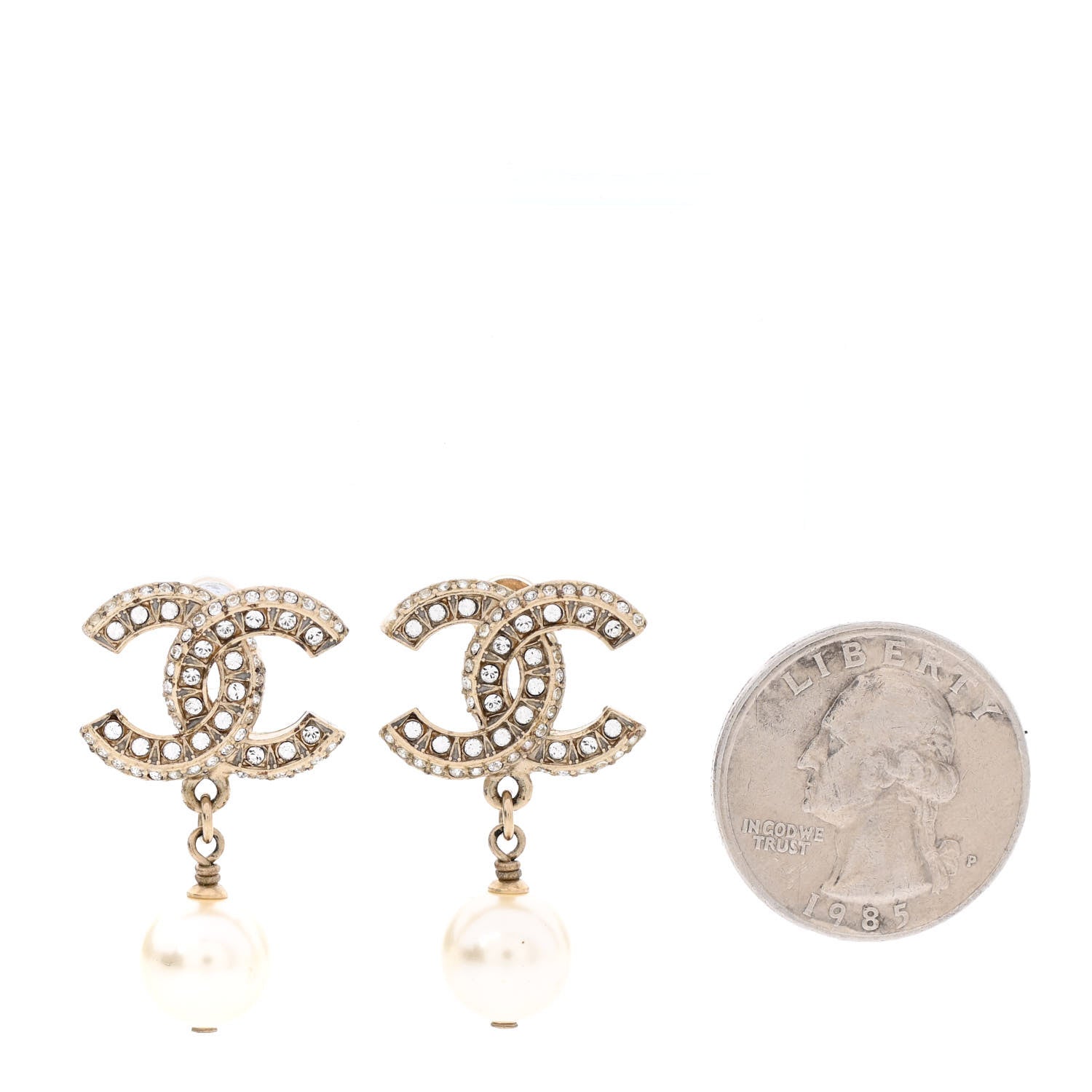 Chanel Crystal Timeless CC Pearl Drop Earrings Light Gold 2 of 5