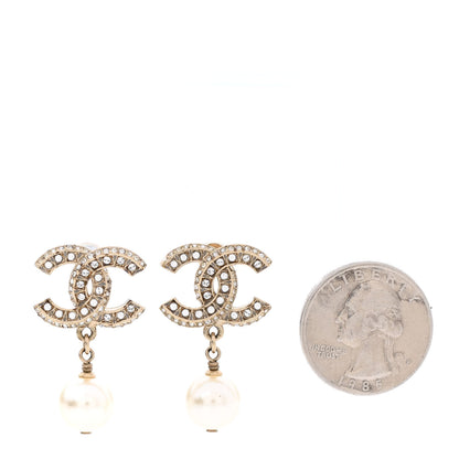 Chanel Crystal Timeless CC Pearl Drop Earrings Light Gold 2 of 5