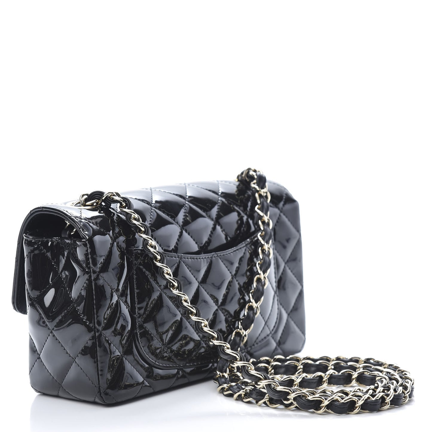 Patent Calfskin Quilted Mini Rectangular Flap Black