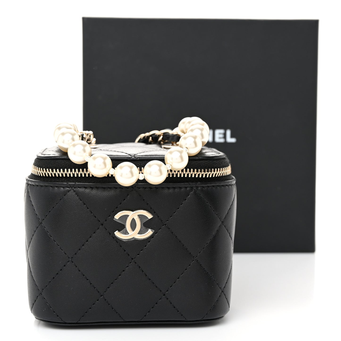 Lambskin Quilted Mini Vanity Case With Pearl Chain Black