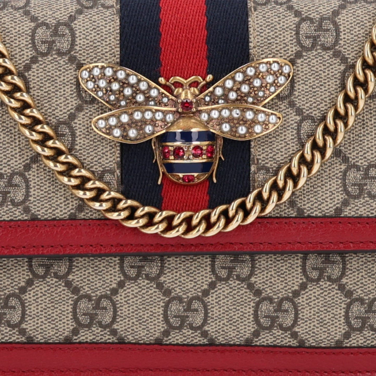 GG Supreme Monogram Web Queen Margaret Chain Wallet Red