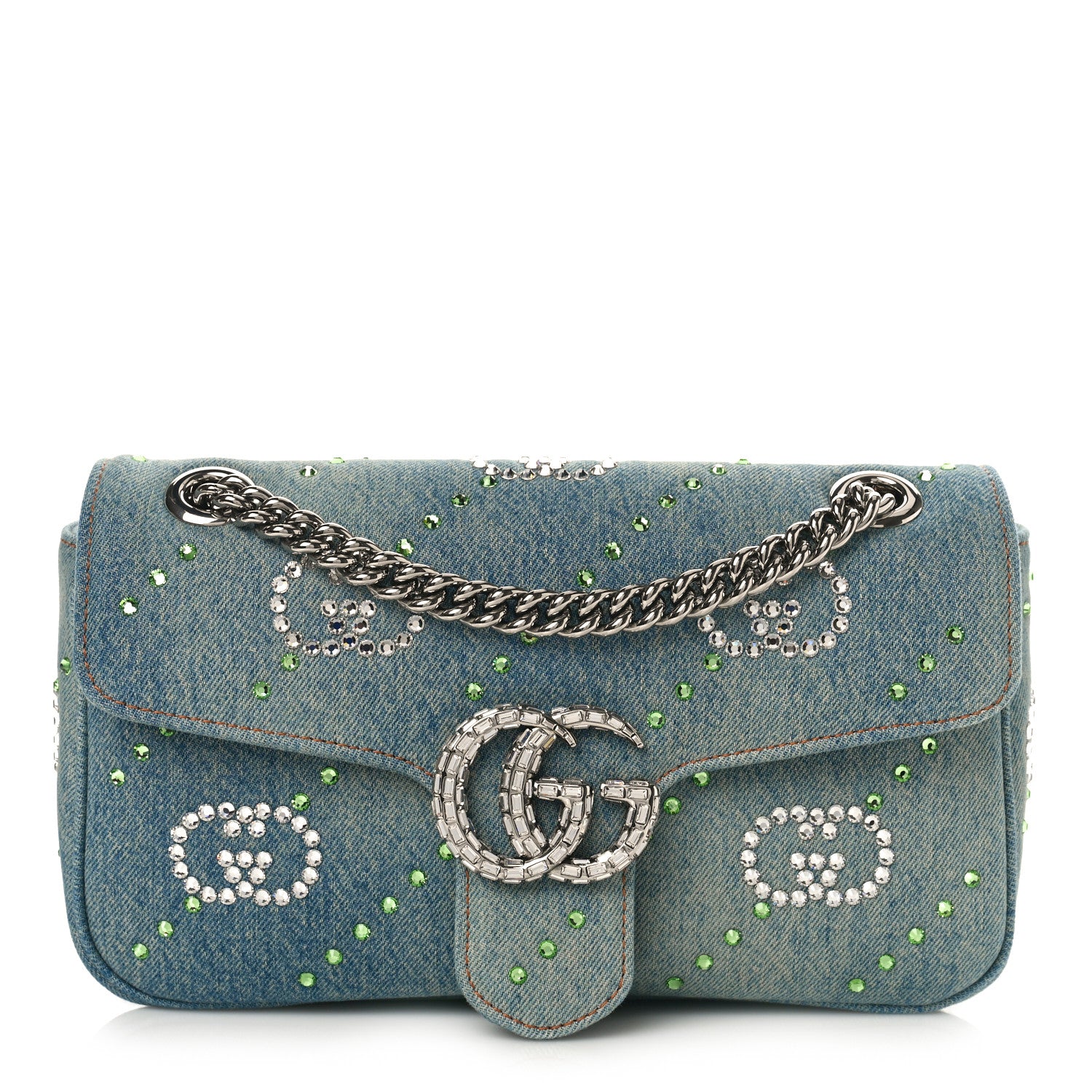 Gucci Denim Crystal Applique Small GG Marmont Shoulder Bag Blue