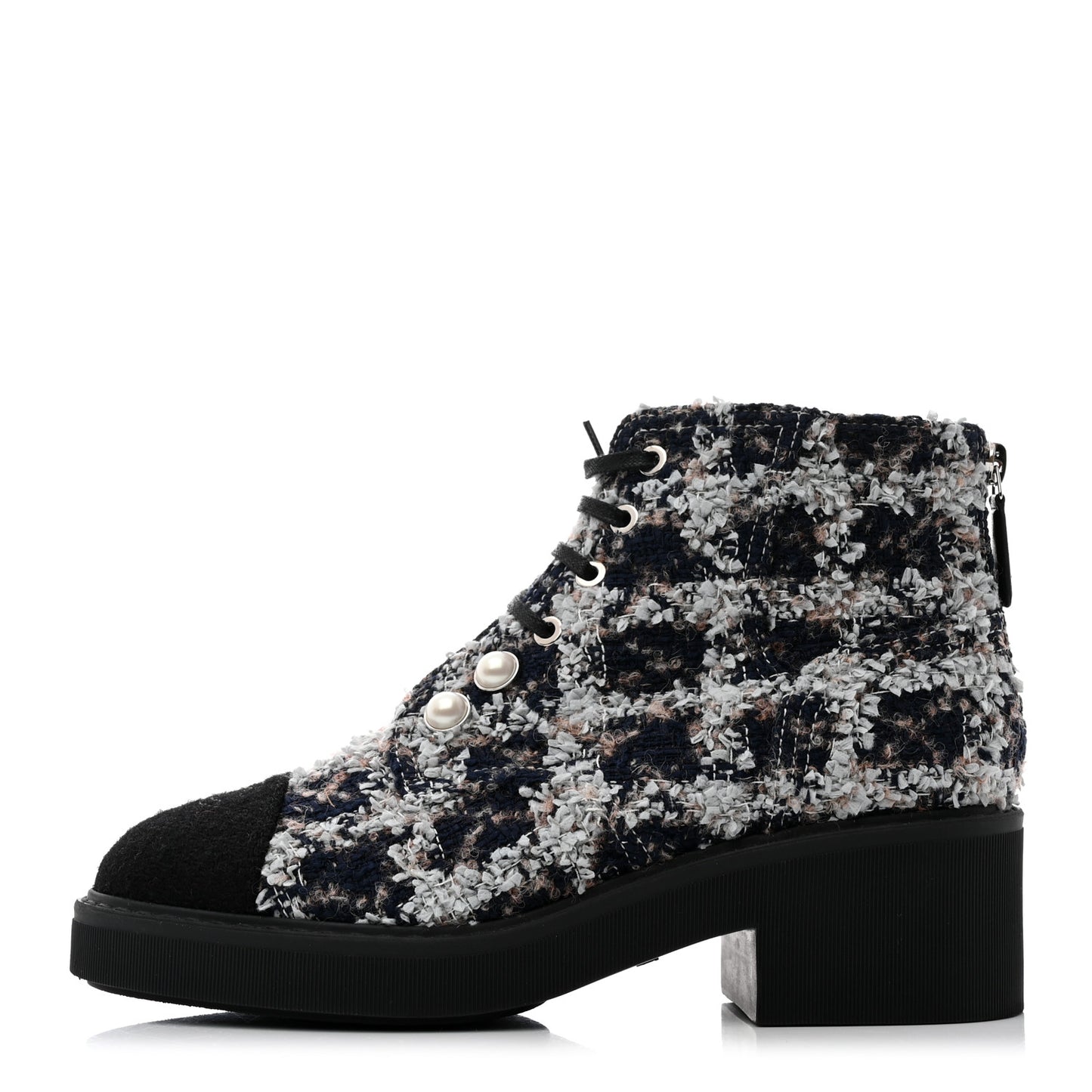 Tweed Patent Calfskin Pearl Combat Short Boots 39 Black Multicolor