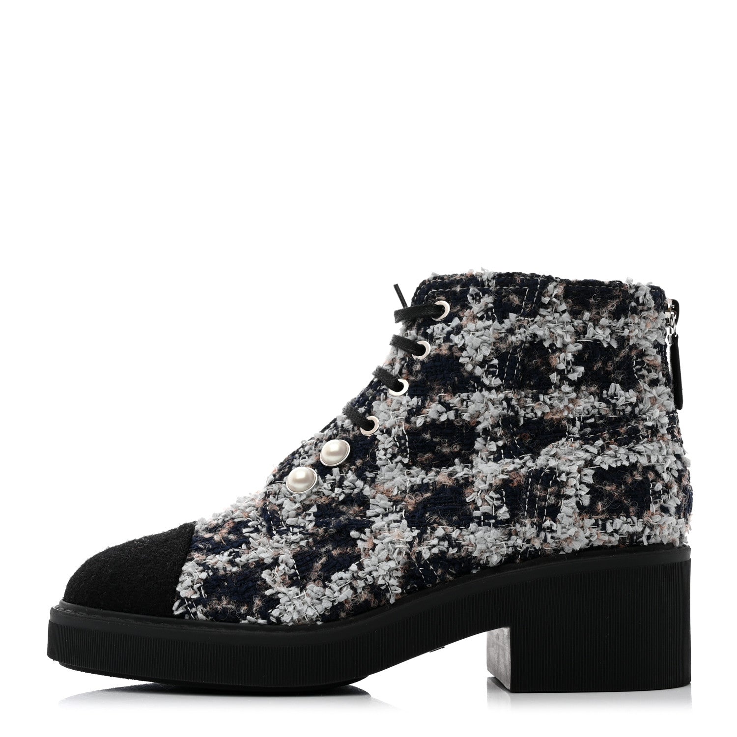 Chanel Tweed Patent Calfskin Pearl Combat Short Boots 39 Black Multicolor 1 of 8