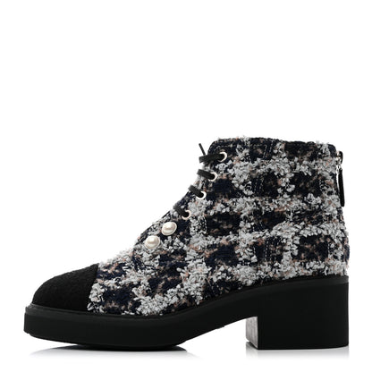 Chanel Tweed Patent Calfskin Pearl Combat Short Boots 39 Black Multicolor 1 of 8