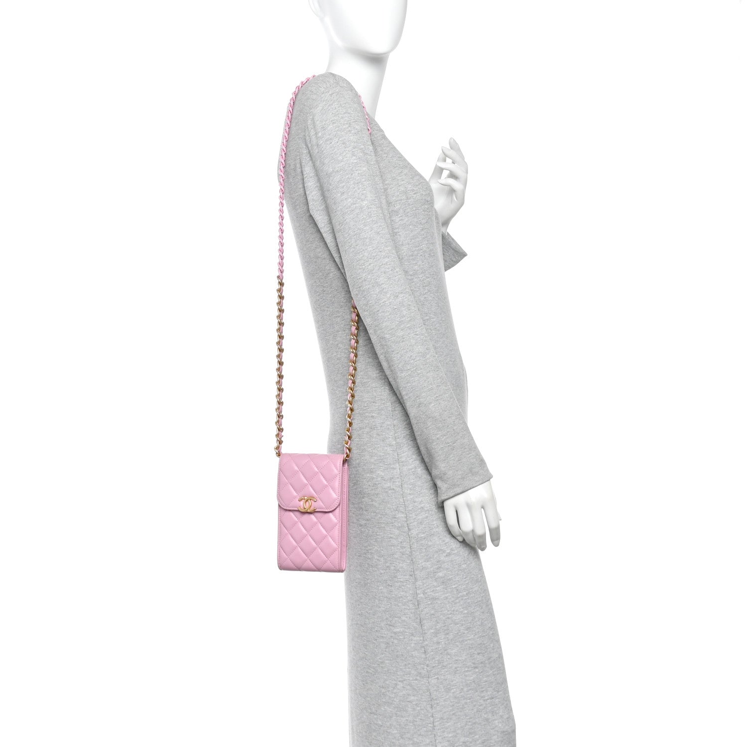 Chanel Lambskin Quilted Lacquered Chain Phone Holder With Chain Dark Pink 3 of 11