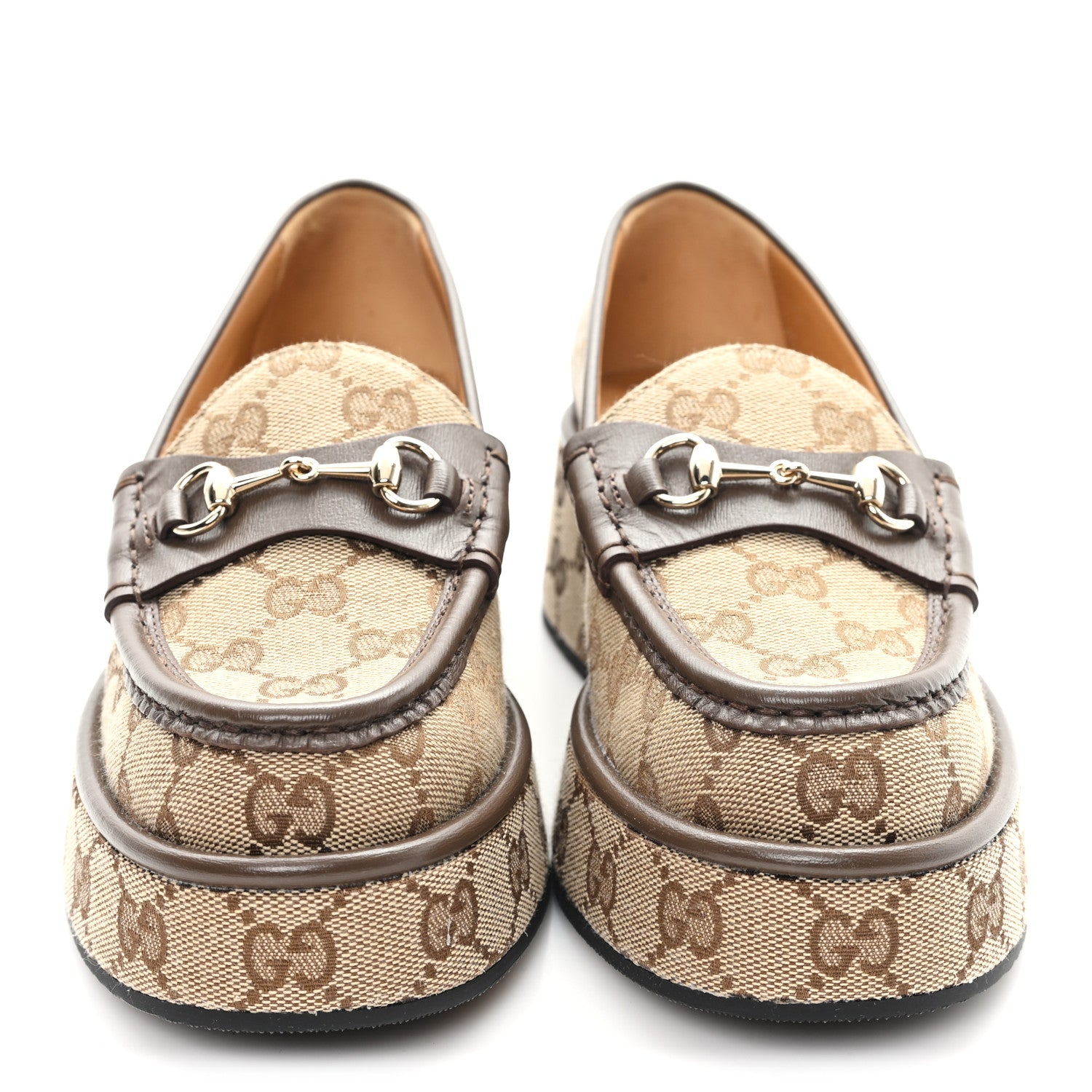 Gucci Monogram Horsebit Calfskin Womens Horsebit Wedge Platform Loafers 35.5 Beige Ebony 3 of 8