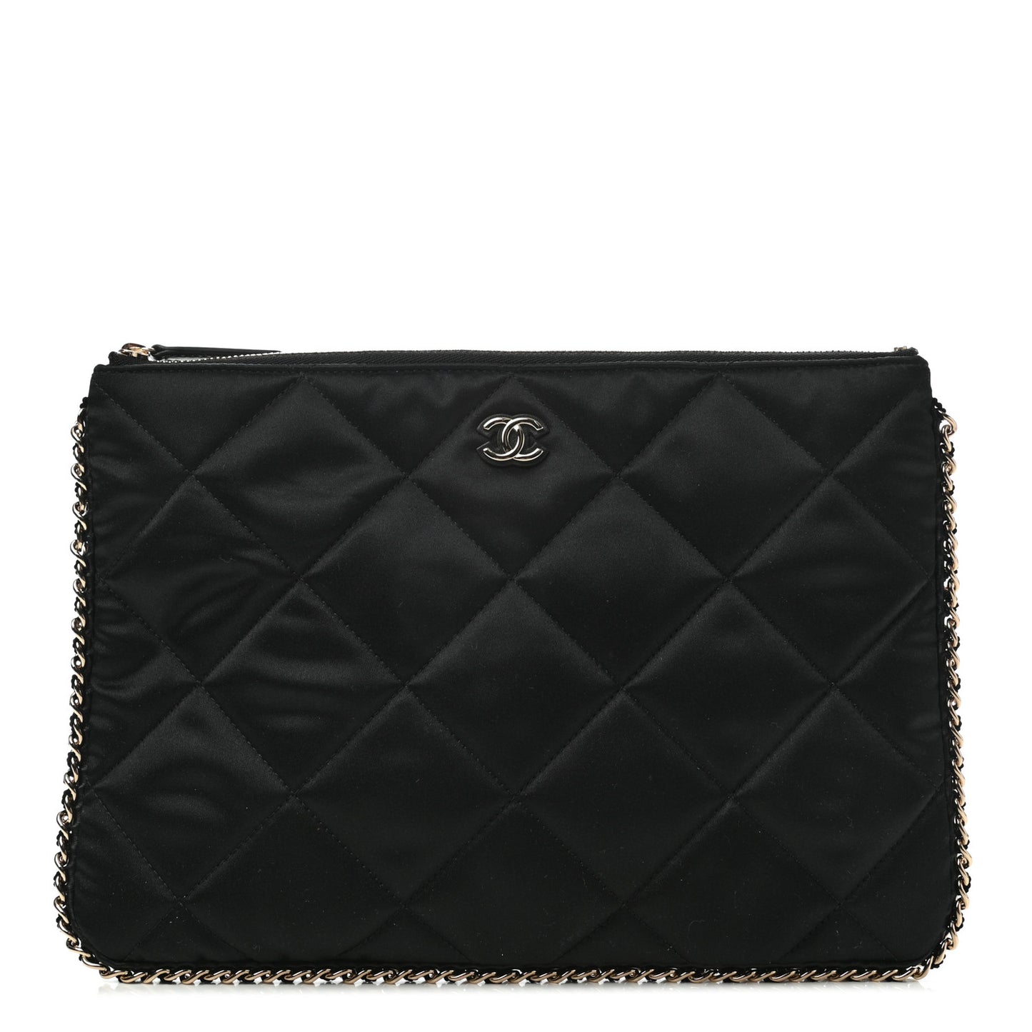 Satin Quilted Chain Around Medium Cosmetic Case Black