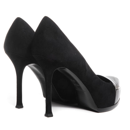Saint Laurent Suede Patent Leather Tribtoo 80 Cap Toe Pumps 37.5 Black 4 of 7
