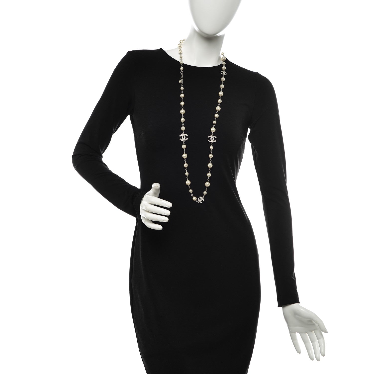Chanel Crystal Pearl CC Long Necklace Silver 2 of 6