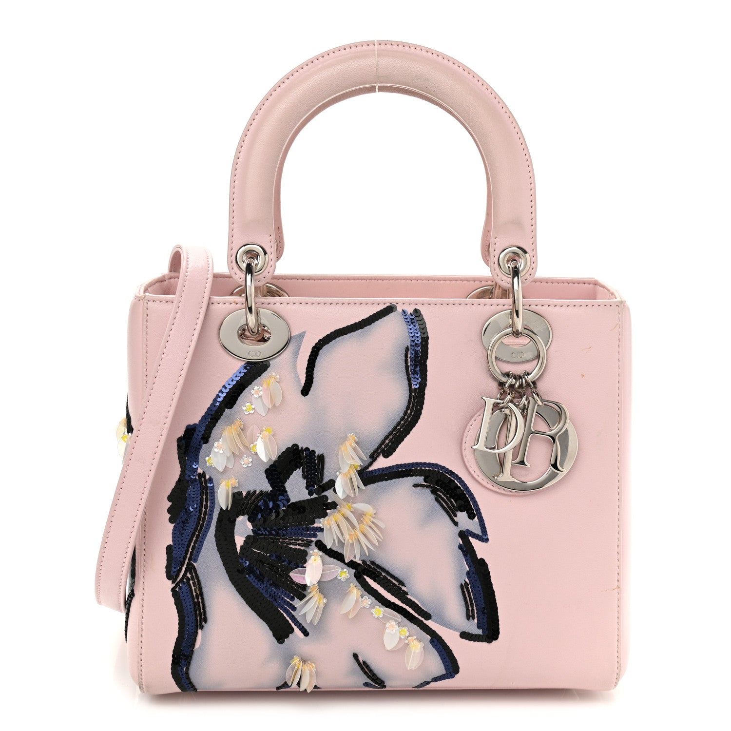 Christian Dior Deerskin Sequin Floral Printed Medium Lady Dior Pink 1 of 17
