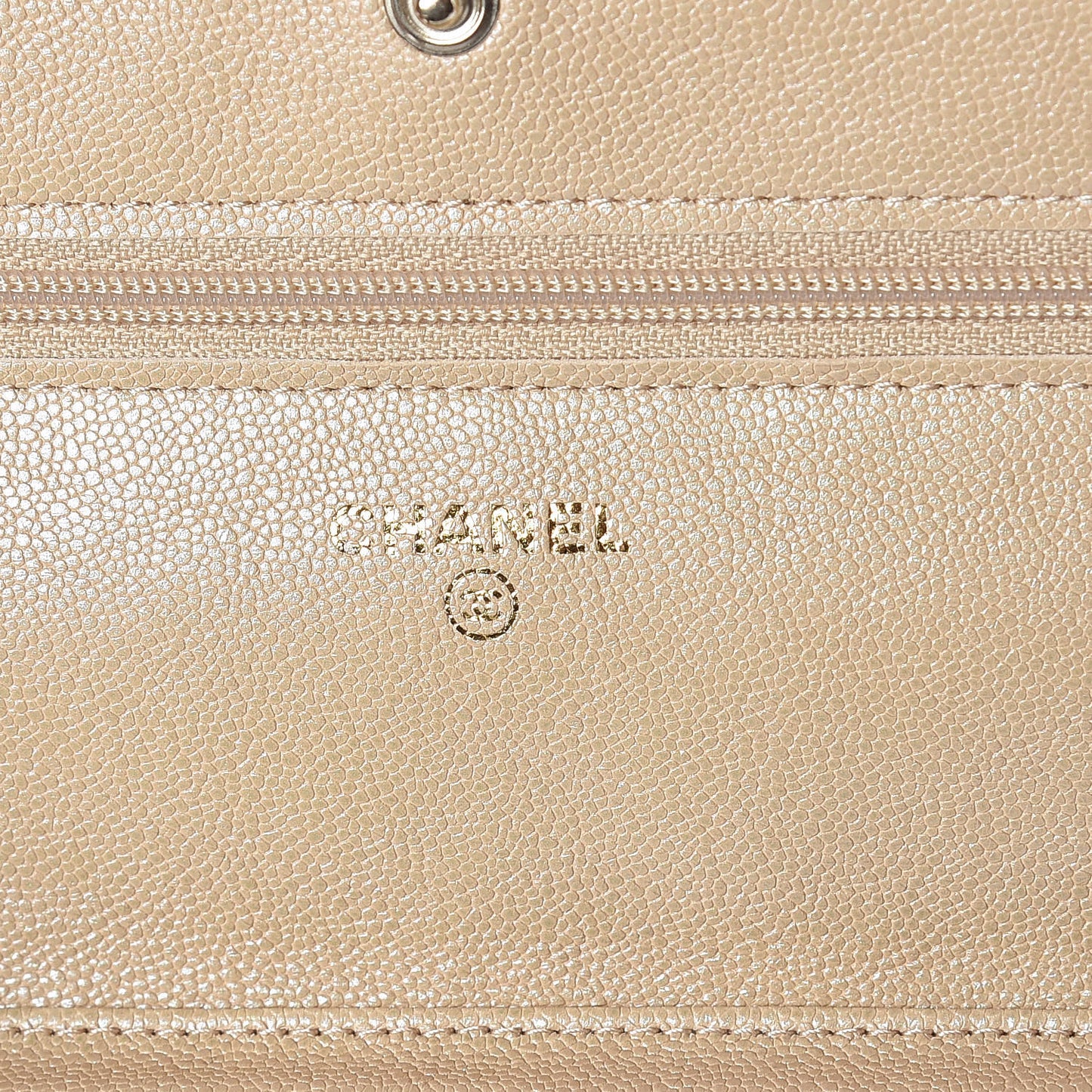 Iridescent Caviar Quilted Wallet On Chain WOC Beige