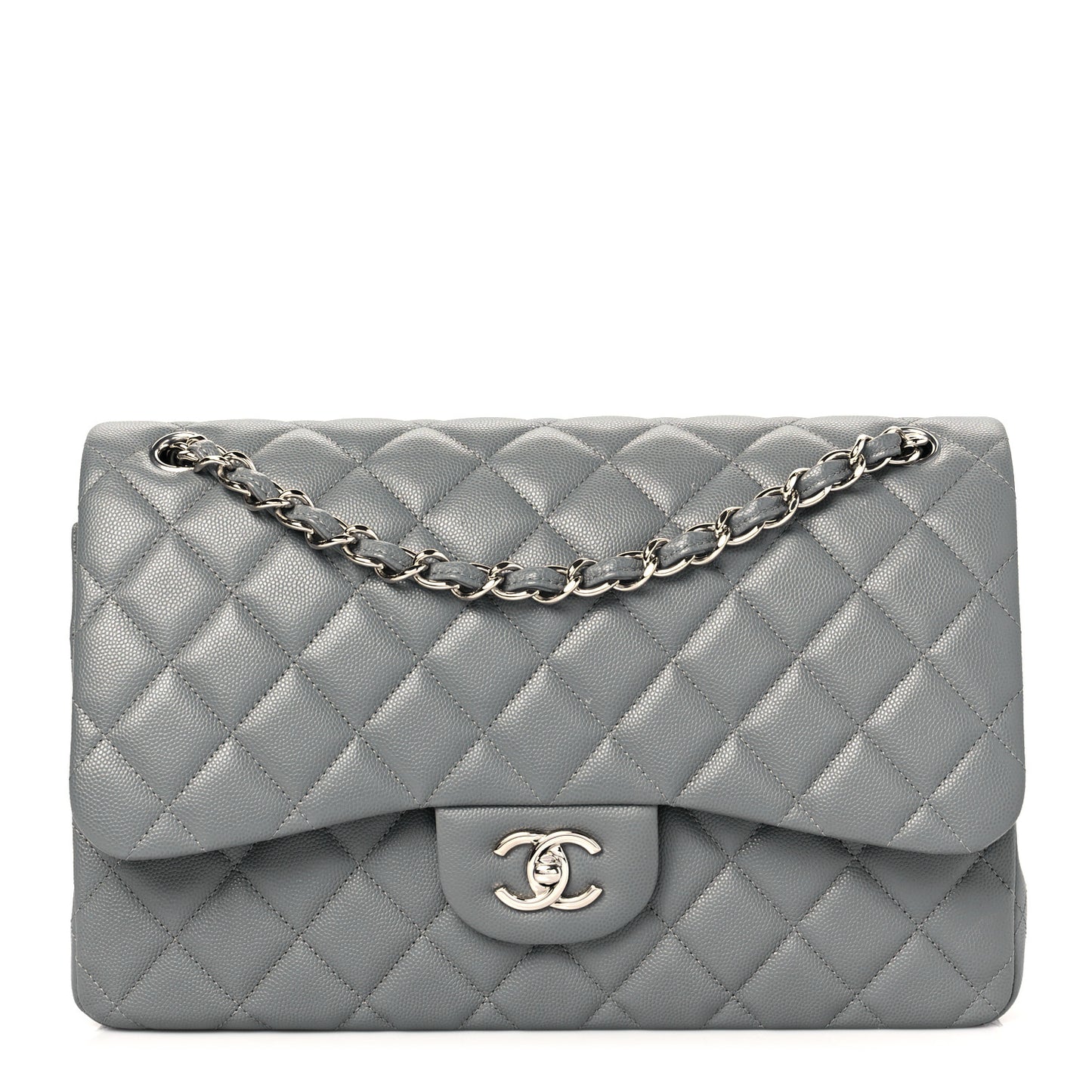 Caviar Quilted Jumbo Double Flap Grey