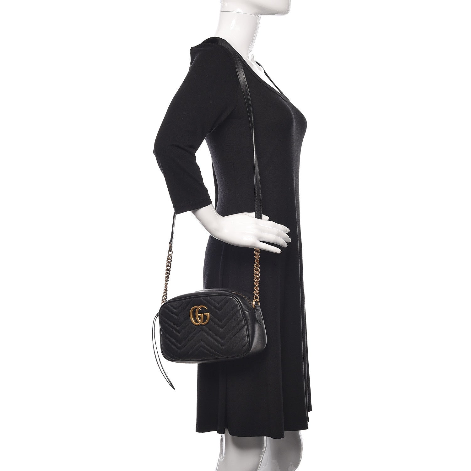 Gucci Calfskin Matelasse Small GG Marmont Chain Shoulder Bag Black 2 of 10