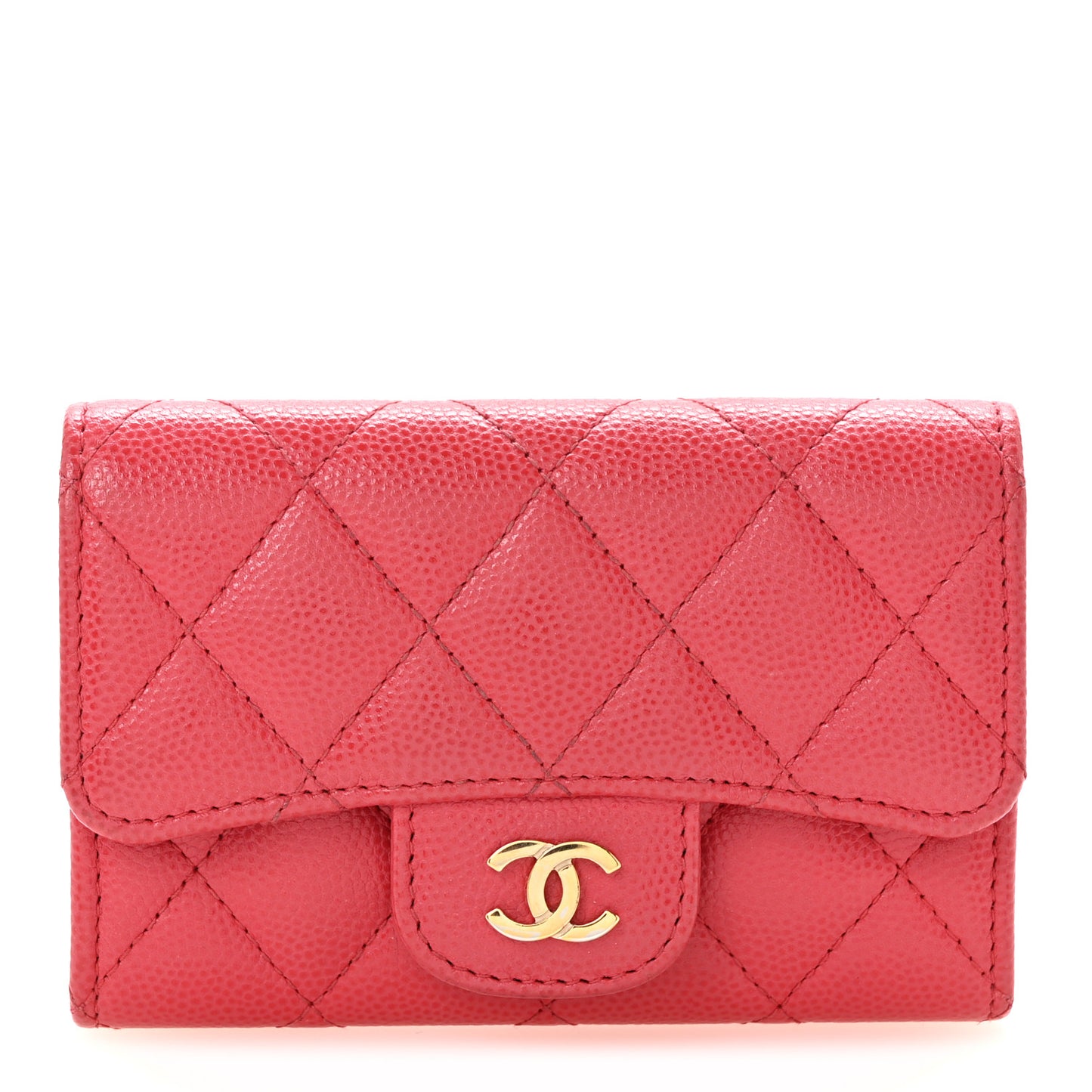 Caviar Quilted Flap Card Holder Wallet Dark Pink