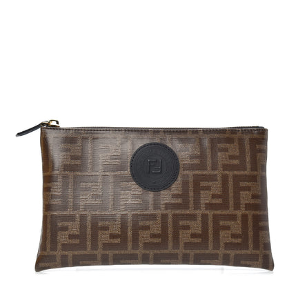 Fendi Glazed Fabric Vitello Century FF 1974 Stamp Patch Small FFreedom Flat Pouch Mogano Panna Black 1 of 6