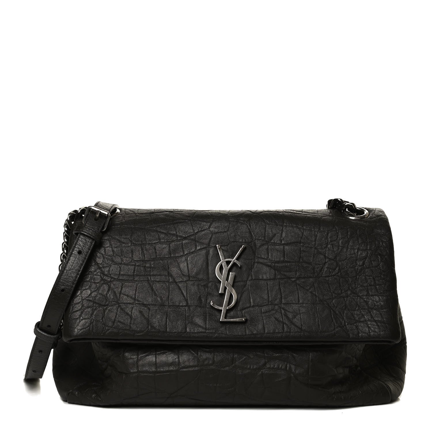 Saint Laurent Calfskin Crocodile Embossed Medium West Hollywood Monogram Fold-Over Dark Brown 1 of 10