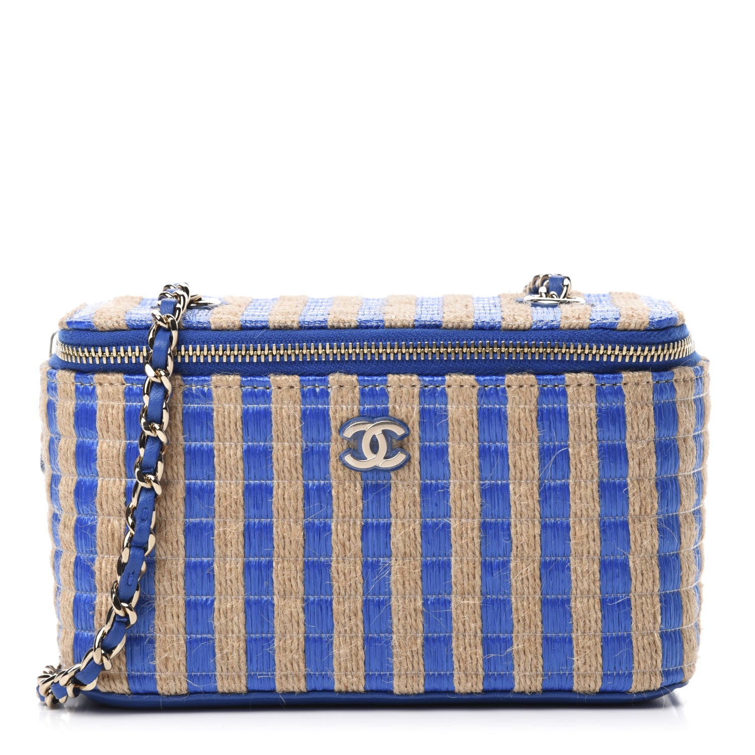 Chanel Raffia Jute Striped Small Vanity Case With Chain Blue Beige 1 of 11