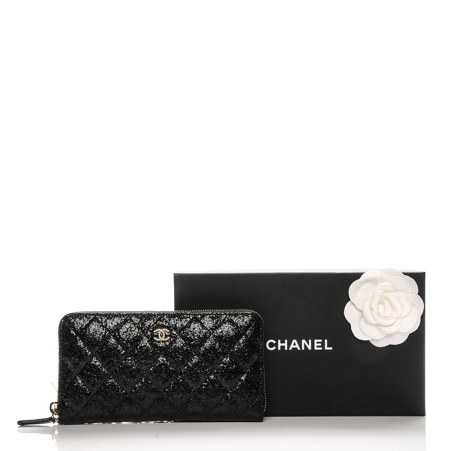 Crackled Patent Calfskin Zip Around Large Gusset Wallet With Pearl Chain Black