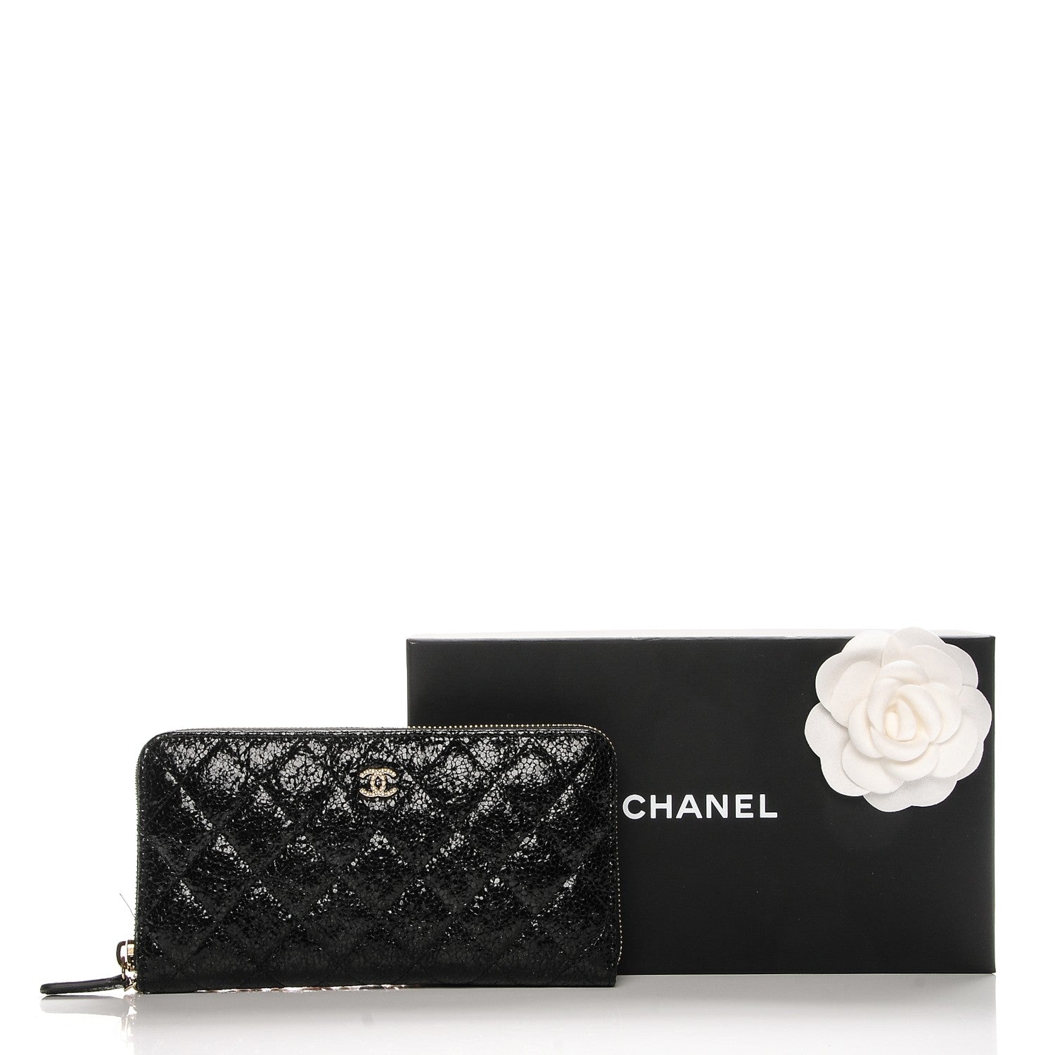 Chanel Crackled Patent Calfskin Zip Around Large Gusset Wallet With Pearl Chain Black 11 of 11