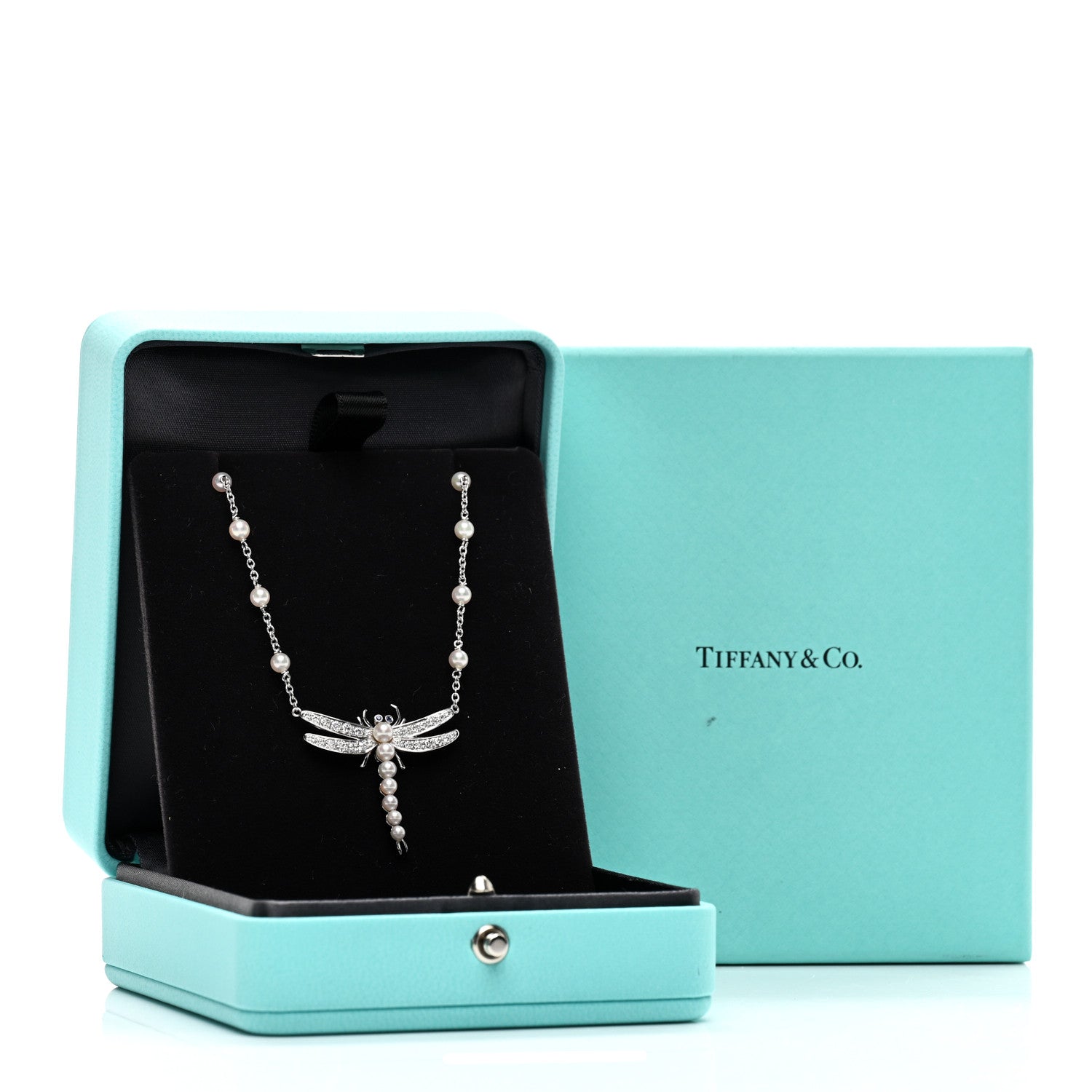 Tiffany Platinum Diamond Blue Sapphire Pearl Nature Dragonfly Station Necklace 6 of 6