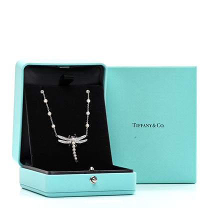 Tiffany Platinum Diamond Blue Sapphire Pearl Nature Dragonfly Station Necklace 6 of 6