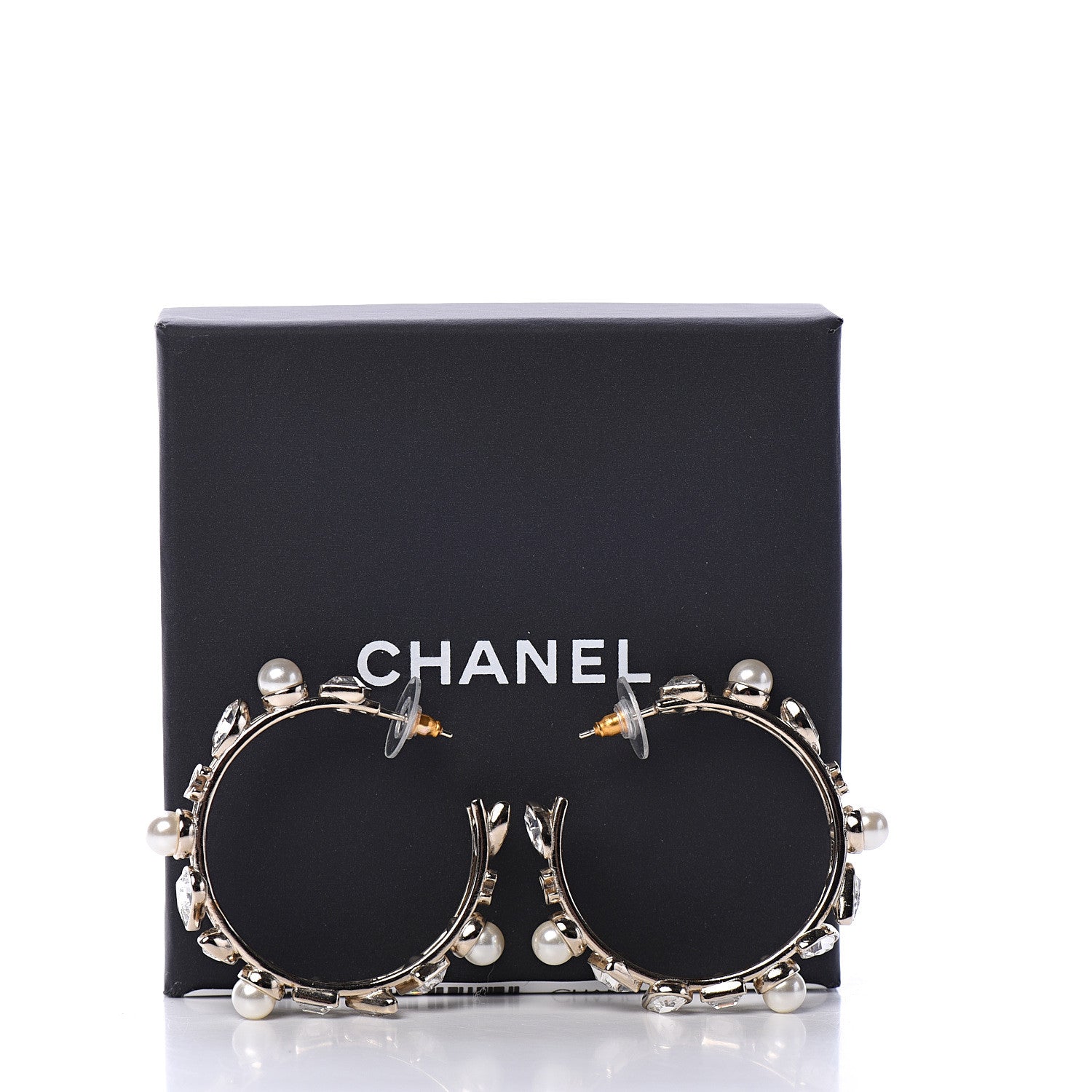 Chanel Glass Pearl Strass Snowfall Hoop Earrings Gold 5 of 5