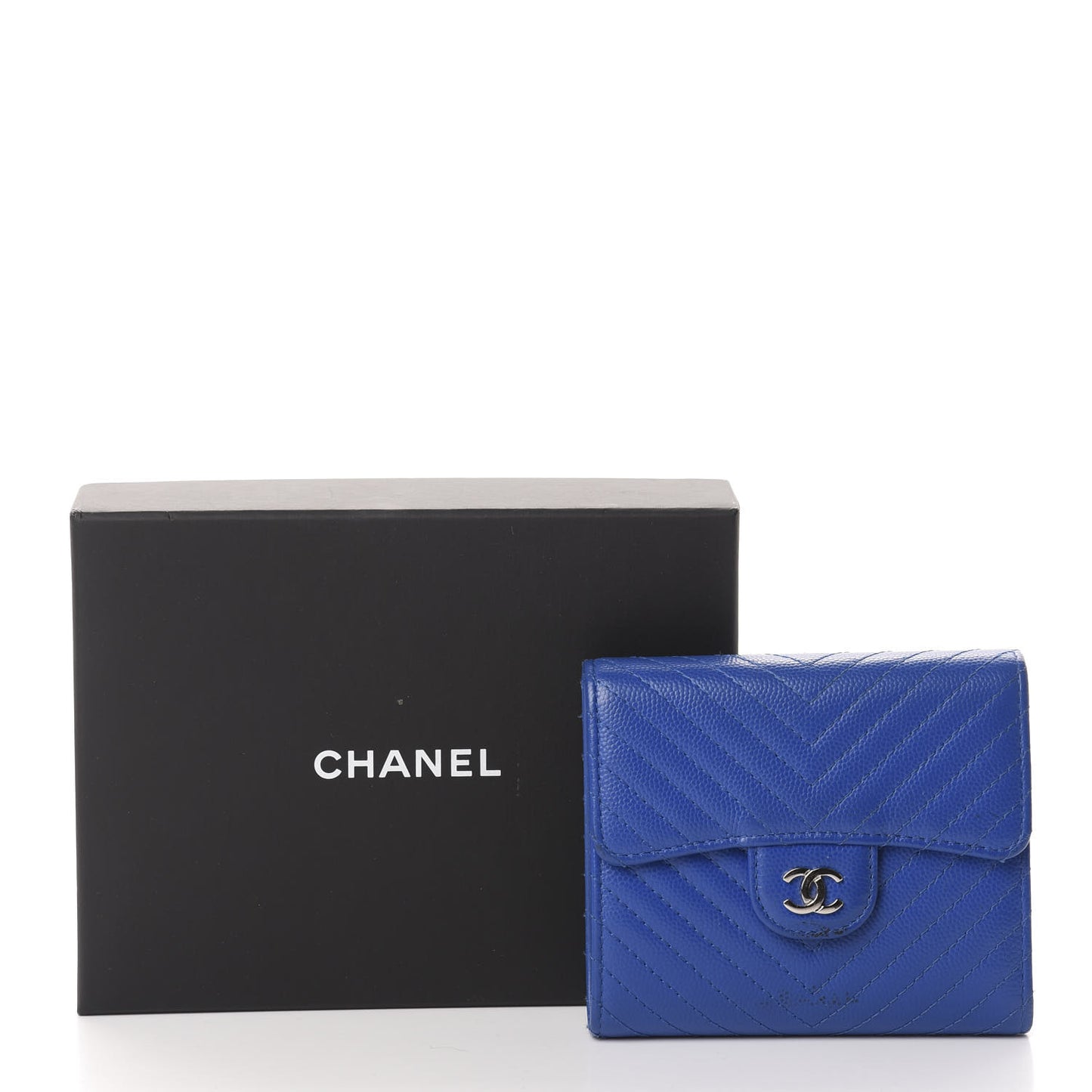 Caviar Chevron Quilted Compact Flap Wallet Bright Blue