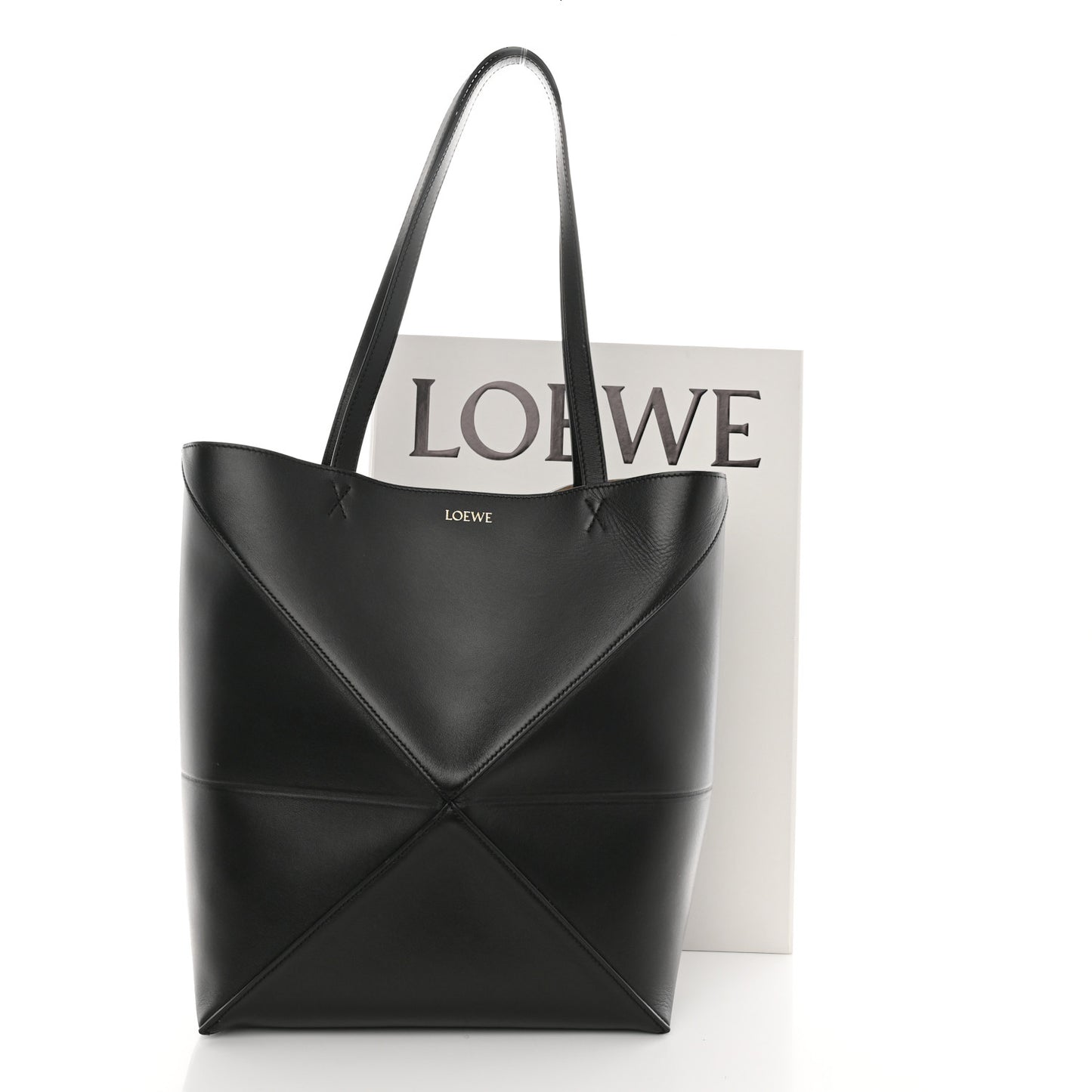 Shiny Calfskin Medium Puzzle Fold Tote Black