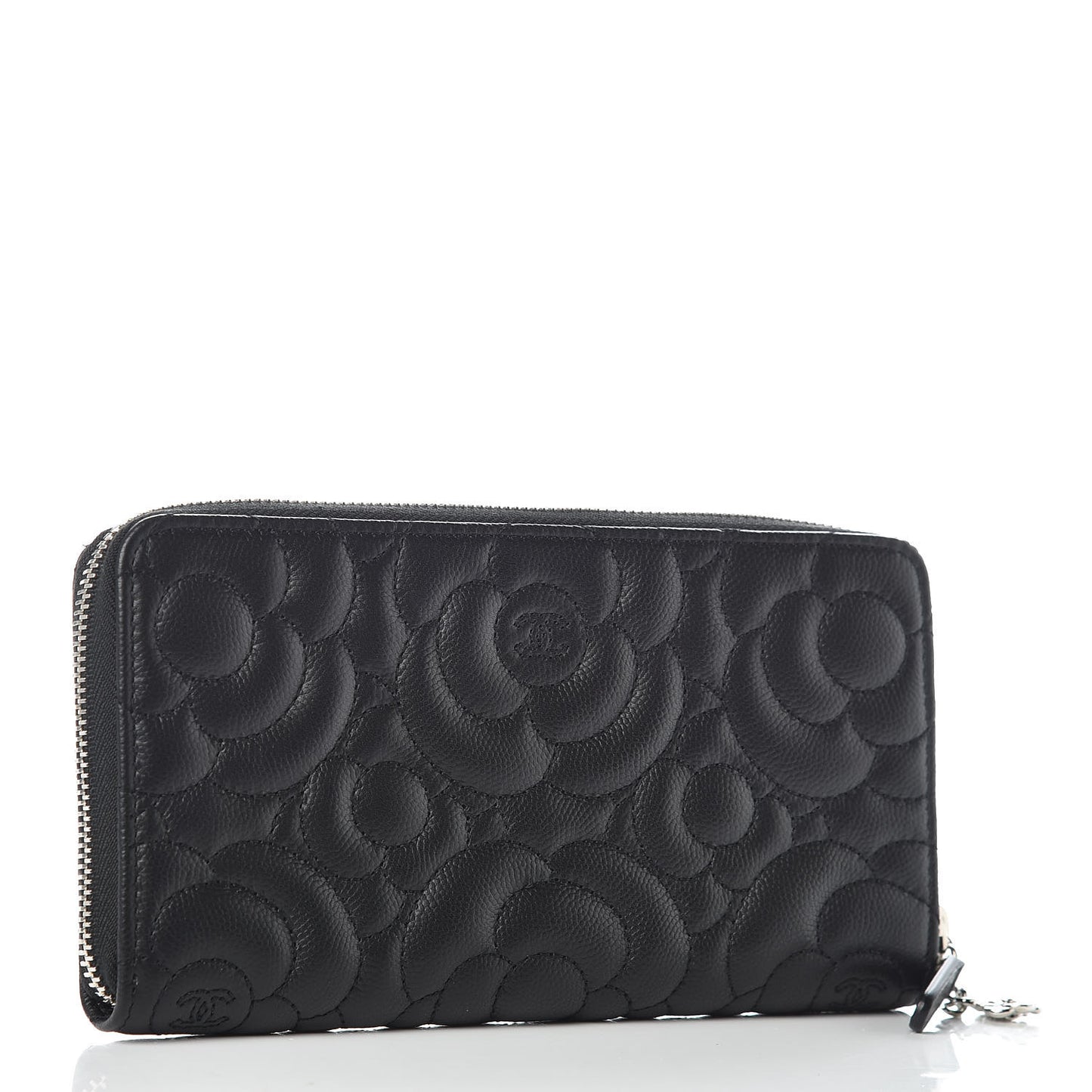 Caviar Camellia Embossed Large Gusset Zip Around Wallet Black