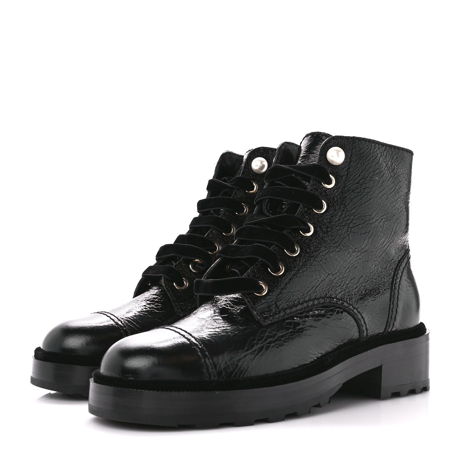 Chanel Shiny Calfskin Velvet Pearl Combat Short Boots 36.5 Black 3 of 9
