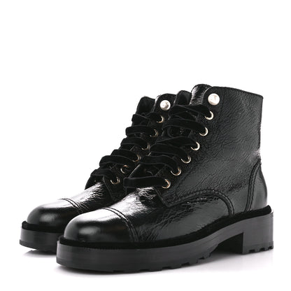 Chanel Shiny Calfskin Velvet Pearl Combat Short Boots 36.5 Black 3 of 9