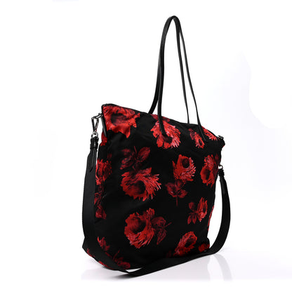 Prada Tessuto Nylon Saffiano Rose Print Tote Black Rosso 3 of 9