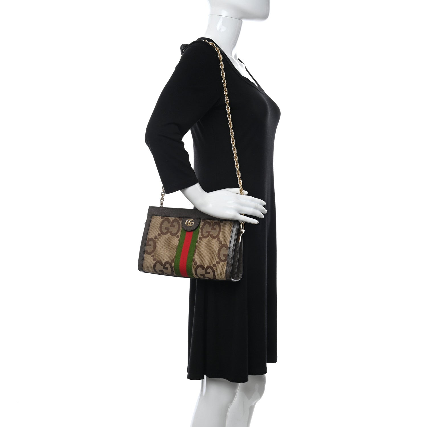 Gucci Monogram Jumbo GG Textured Dollar Calfskin Web Small Ophidia Chain Shoulder Bag Camel Ebony New Acero 2 of 9
