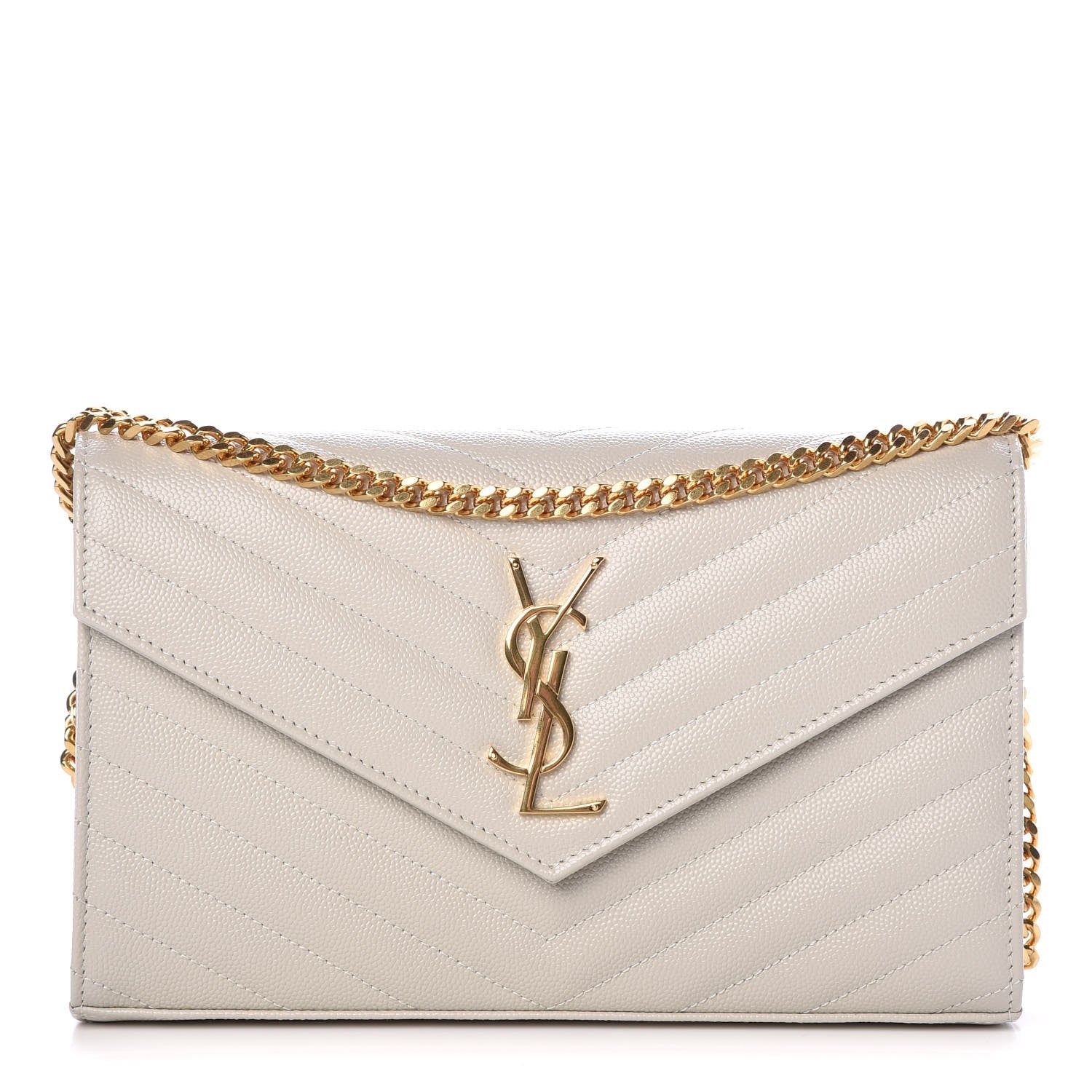 Saint Laurent Grain De Poudre Matelasse Chevron Monogram Chain Wallet Ivory 1 of 8