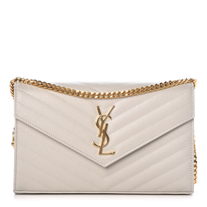 Saint Laurent Grain De Poudre Matelasse Chevron Monogram Chain Wallet Ivory 1 of 8