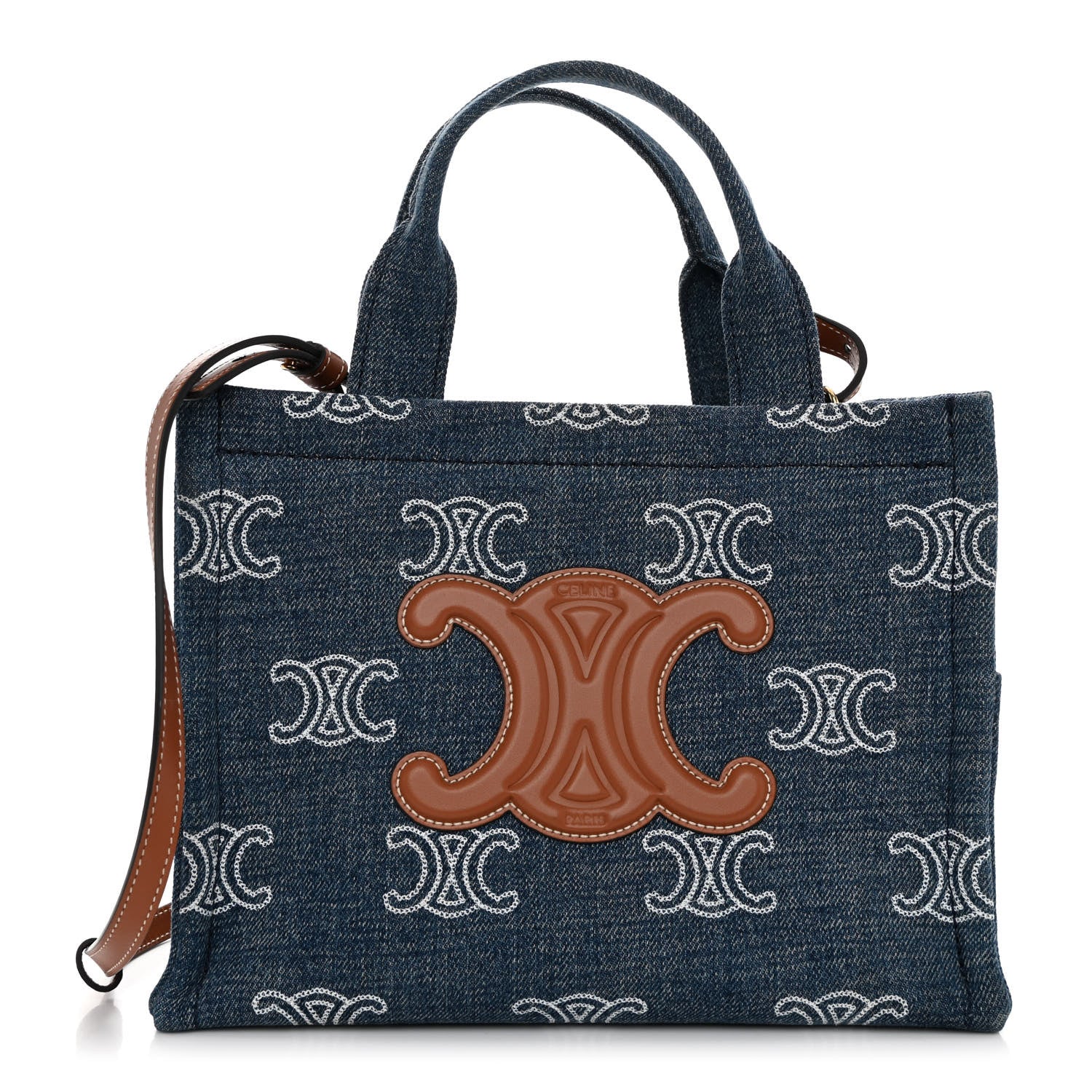 Celine Denim Calfskin Triomphe Print Cabas Blue Tan 1 of 10