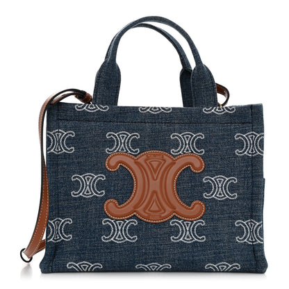 Celine Denim Calfskin Triomphe Print Cabas Blue Tan 1 of 10
