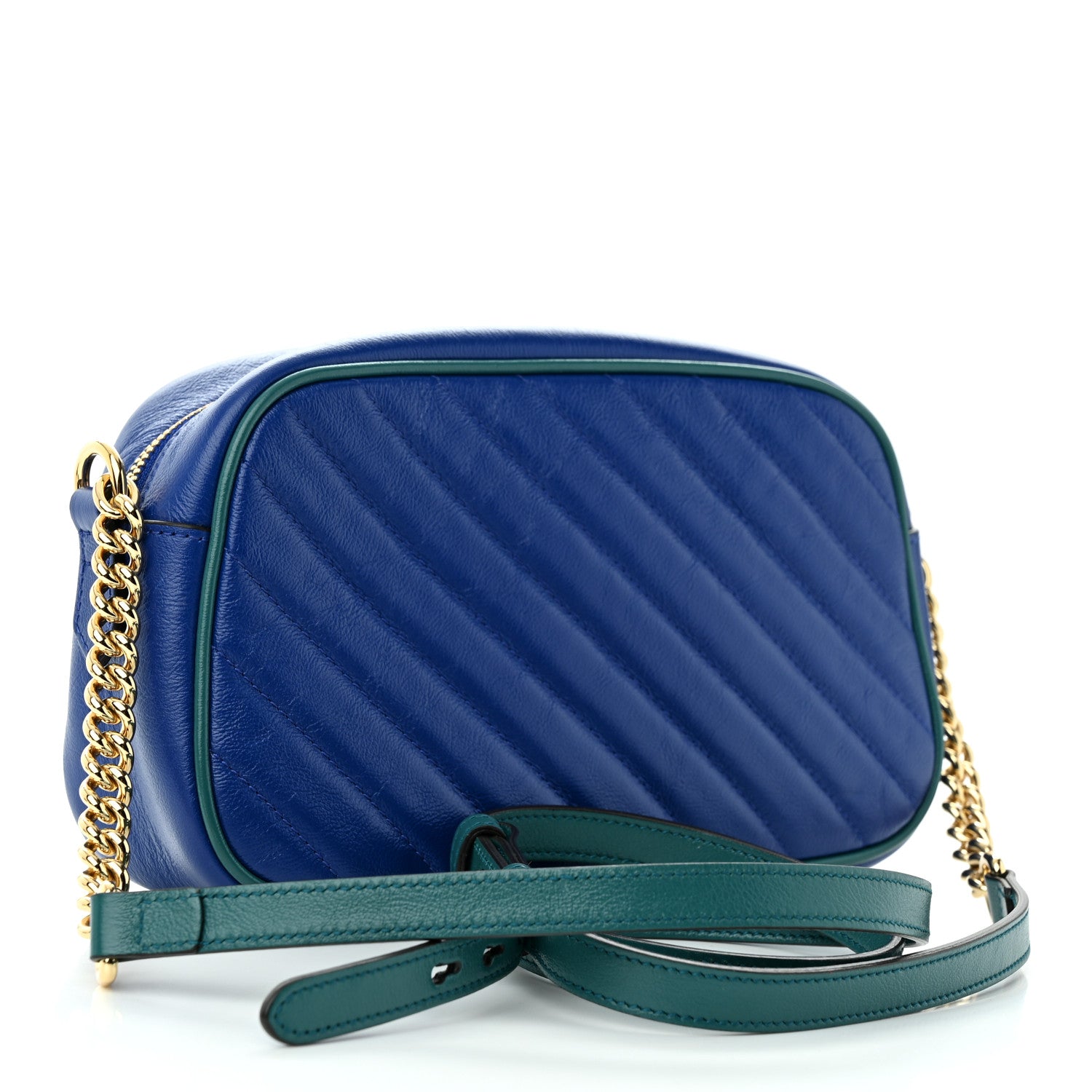 Gucci Azalea Calfskin Enamel Matelasse Diagonal Small Torchon GG Marmont Chain Shoulder Bag Imperial Blue Pavone 3 of 11