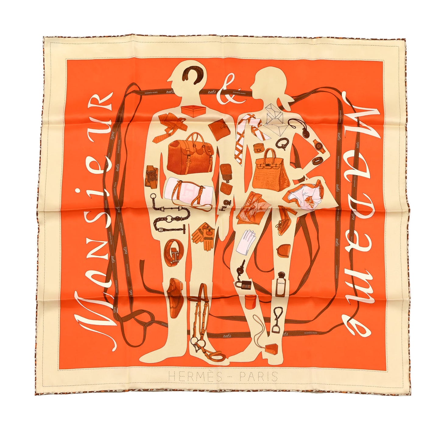 Vintage Silk Monsieur Et Madame Scarf 70 Creme Orange Marron