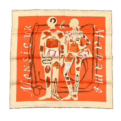 Hermes Vintage Silk Monsieur Et Madame Scarf 70 Creme Orange Marron 1 of 4