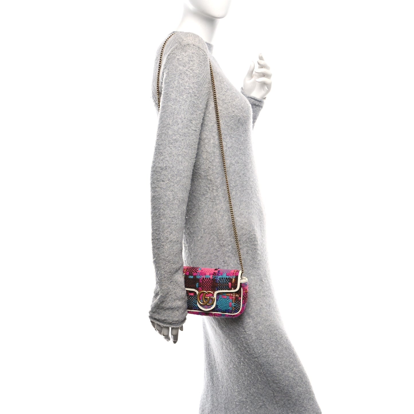 Tweed Calfskin Spicy Check Super Mini GG Marmont Shoulder Bag Pink Multicolor Mystic White