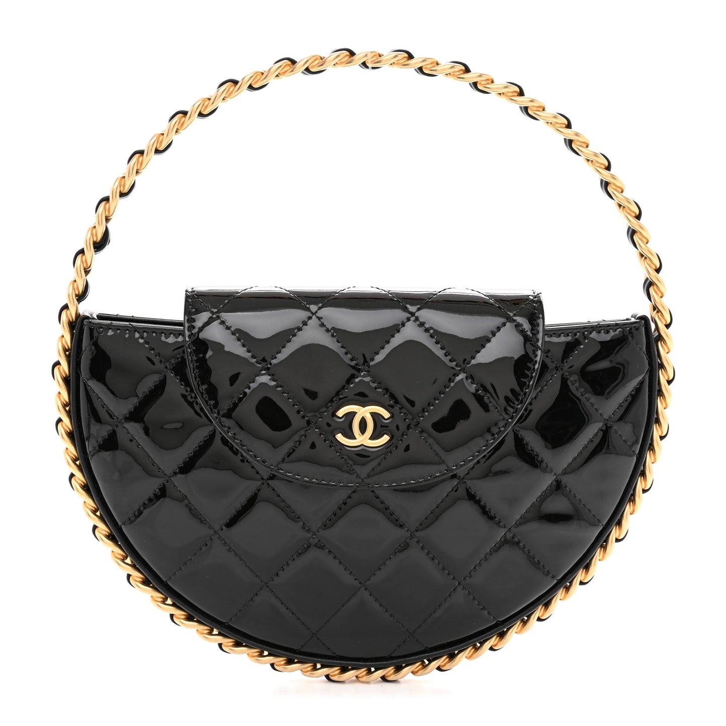 Patent Calfskin Quilted Chain Hoop Bag Black