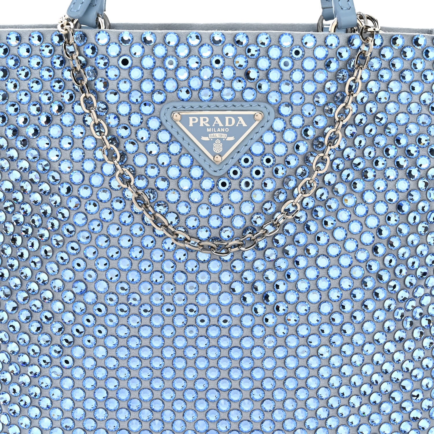 Prada Satin Crystal Metal Triangle Logo Chain Crossbody Handbag Celeste 8 of 14