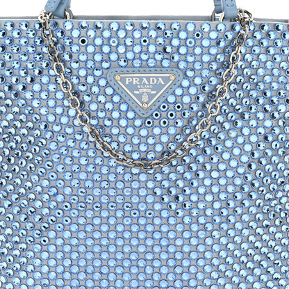 Prada Satin Crystal Metal Triangle Logo Chain Crossbody Handbag Celeste 8 of 14