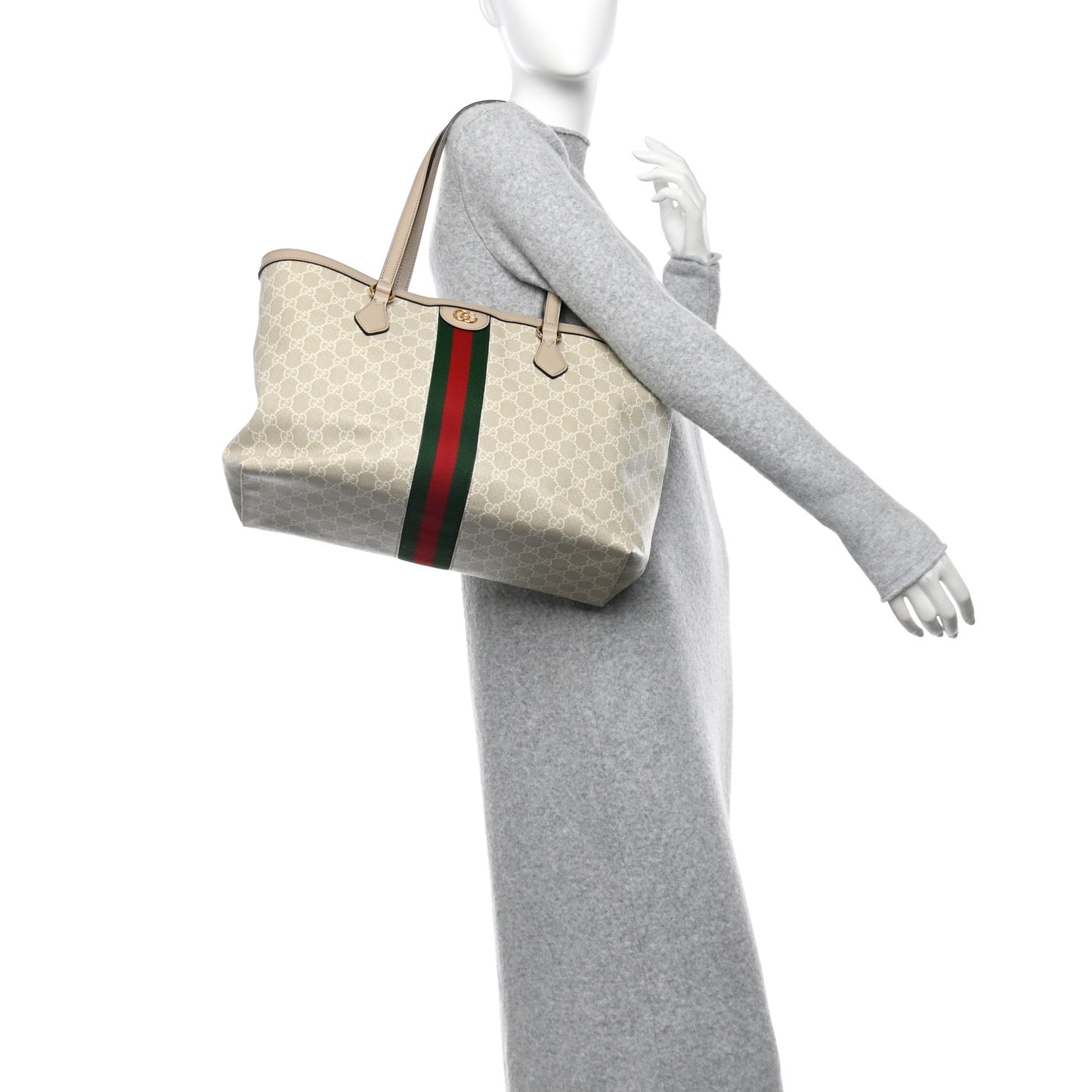 GG Supreme Monogram Textured Dollar Calfskin Web Large Ophidia Shopping Tote Beige Mystic White Oatmeal