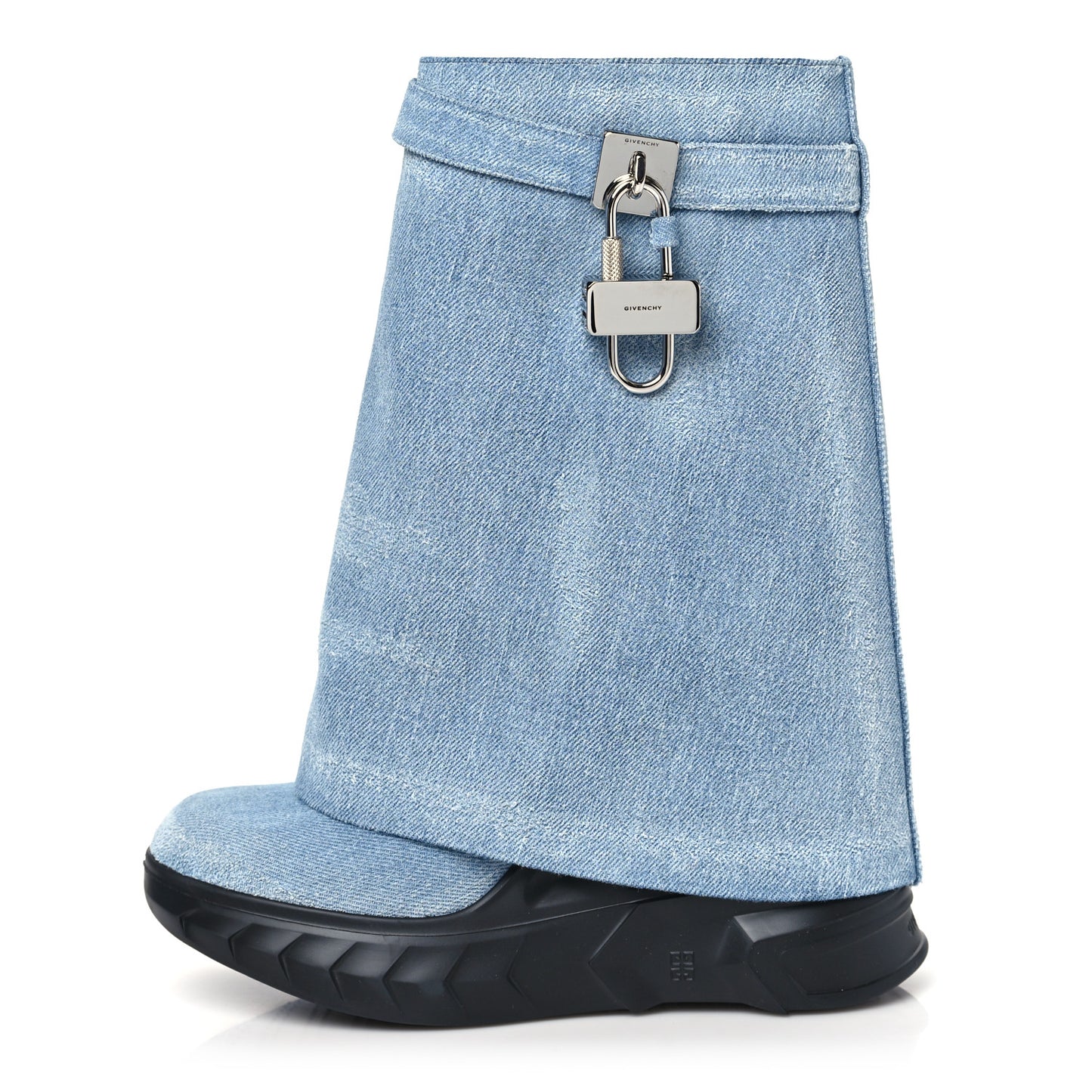 Washed Denim Shark Lock Biker Ankle Boots 40 Blue