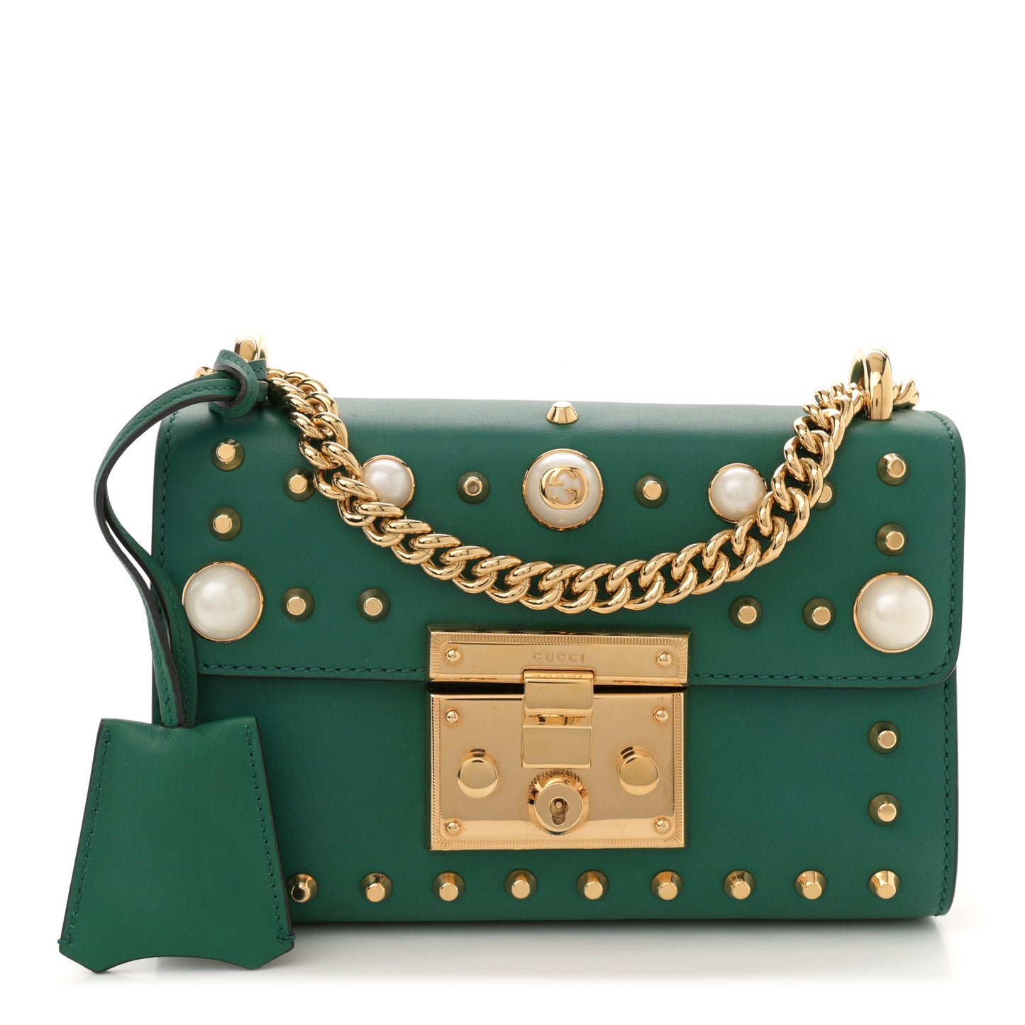 Calfskin Studded Small Padlock Shoulder Bag Emerald